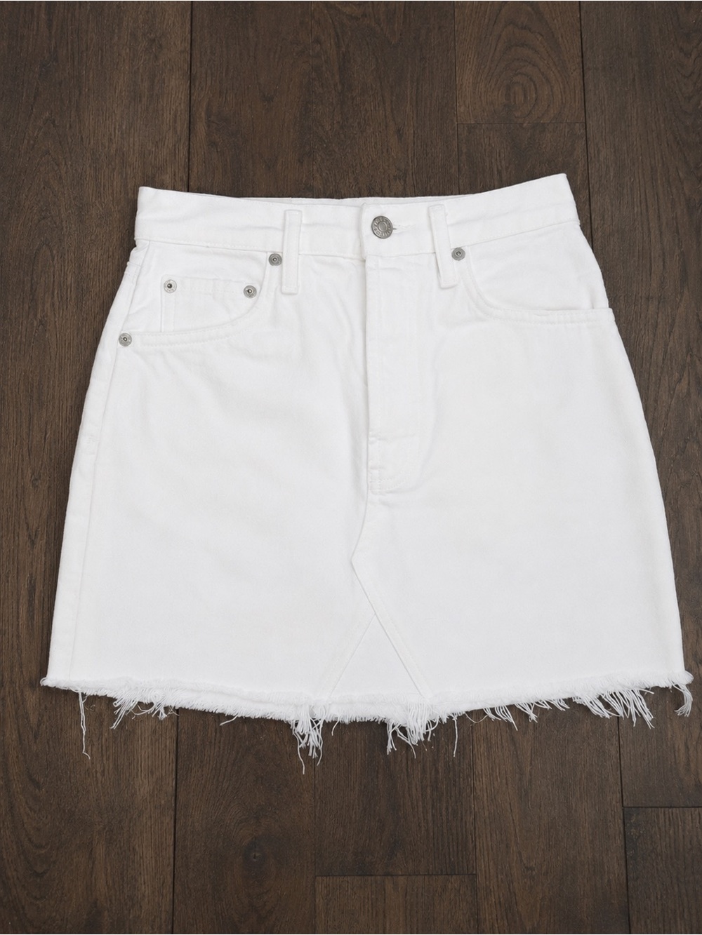AGOLDE High Rise Quinn White Denim Frayed Hem Mini Skirt